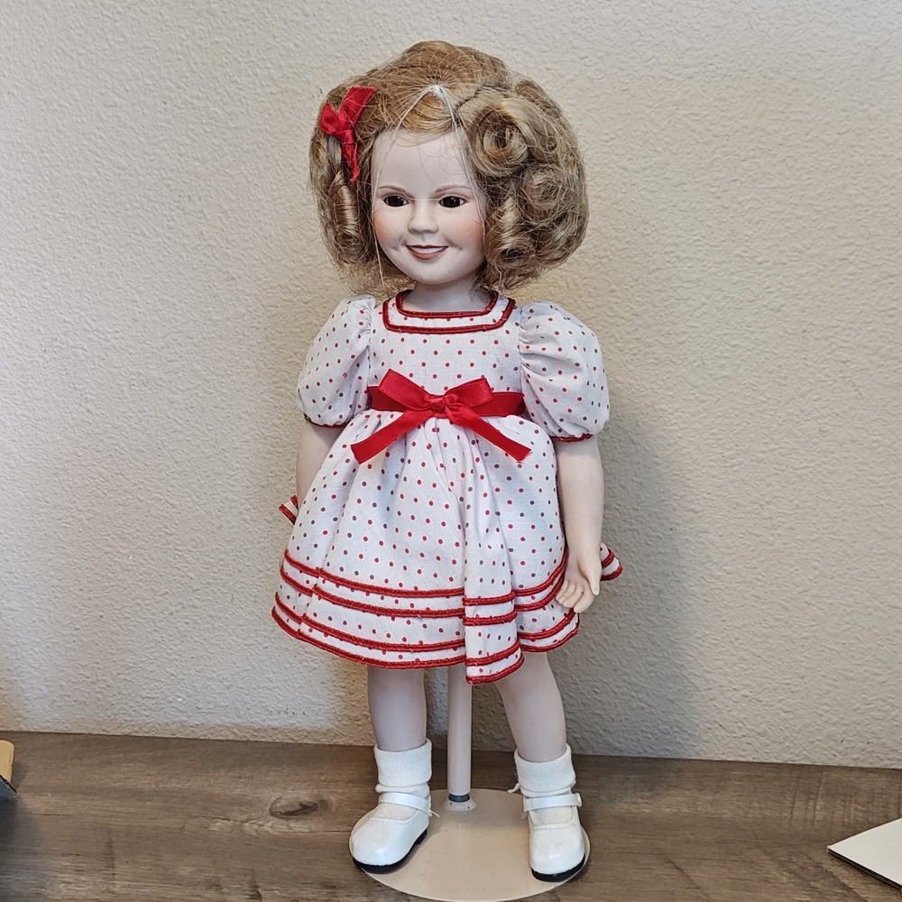 Danbury Mint Shirley Temple Doll Stand Up and Cheer Kids 14" White Red Polka Dot